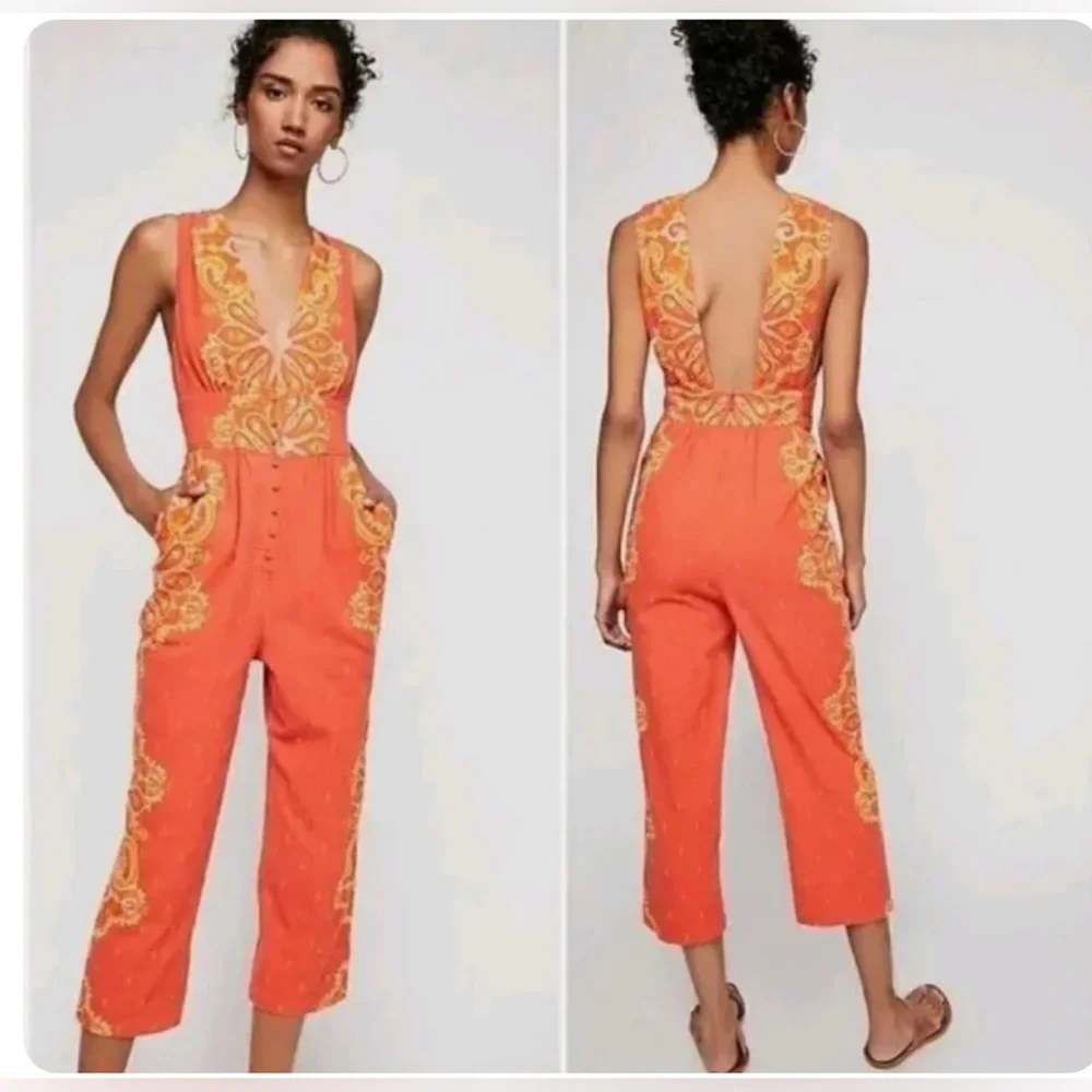 Free People’s Setting Sun Printed Orange Cropped Jumpsuit NWOT - Picture 2 of 12